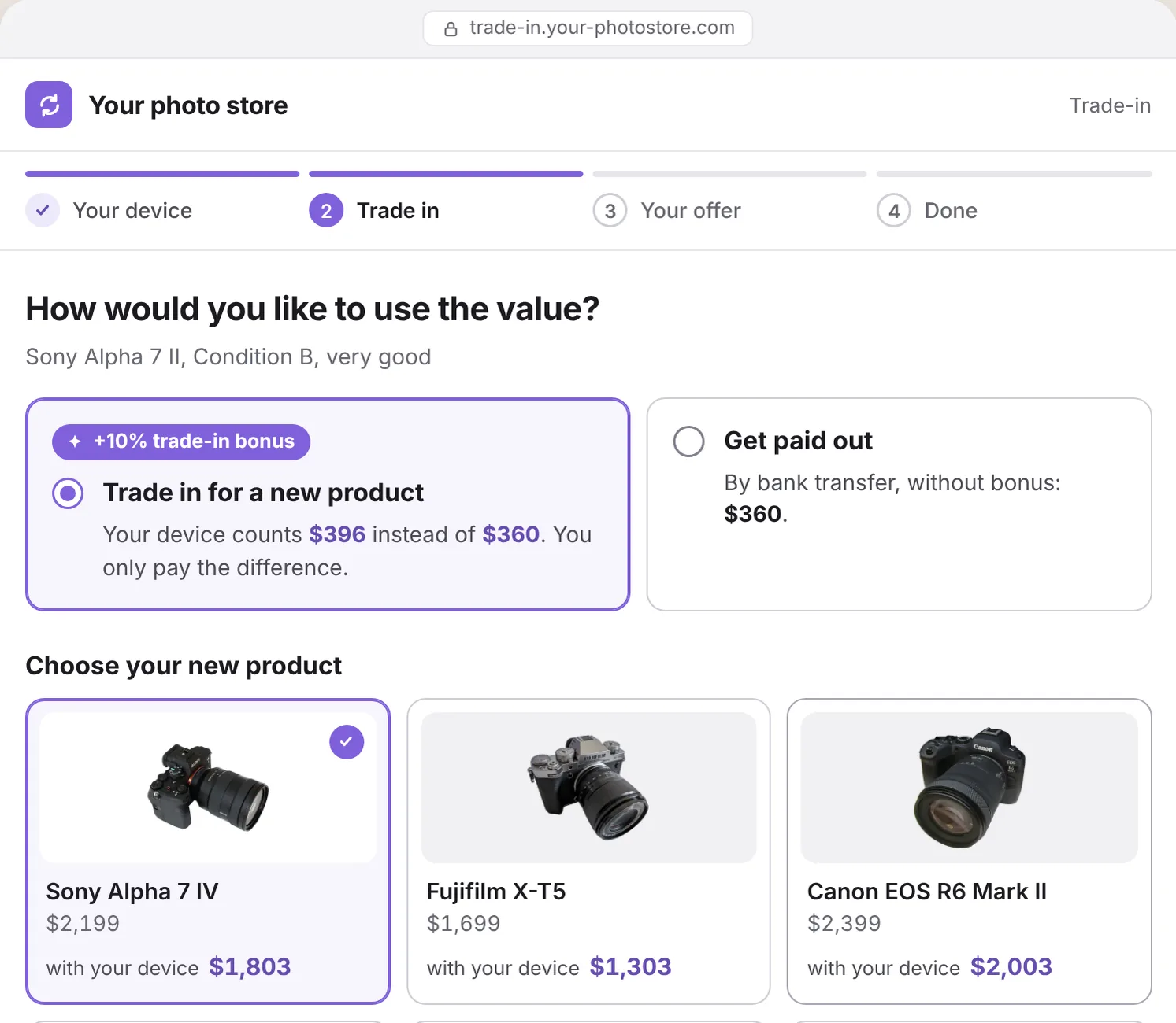 Webshop: trade-in for a new product with trade-in bonus