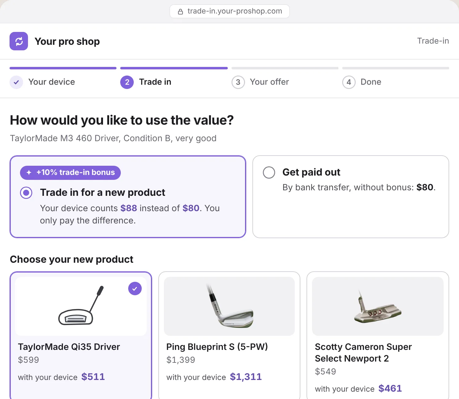 Webshop: trade-in for a new product with trade-in bonus