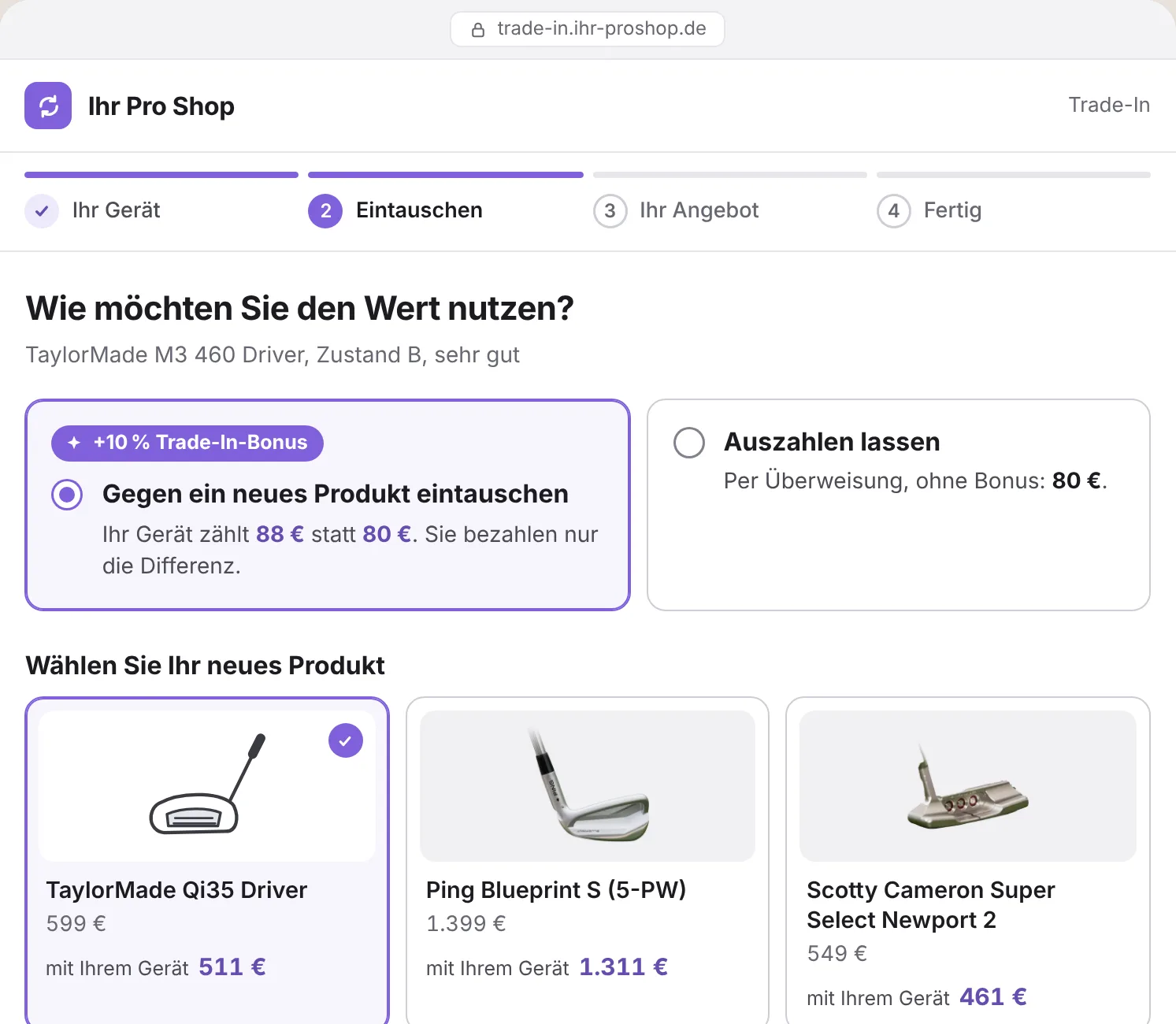 Webshop: Eintausch gegen ein neues Produkt mit Trade-In-Bonus