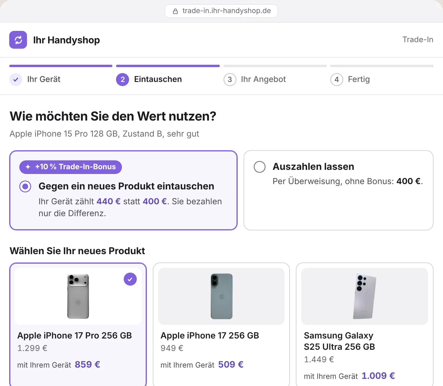 Webshop: Eintausch gegen ein neues Produkt mit Trade-In-Bonus