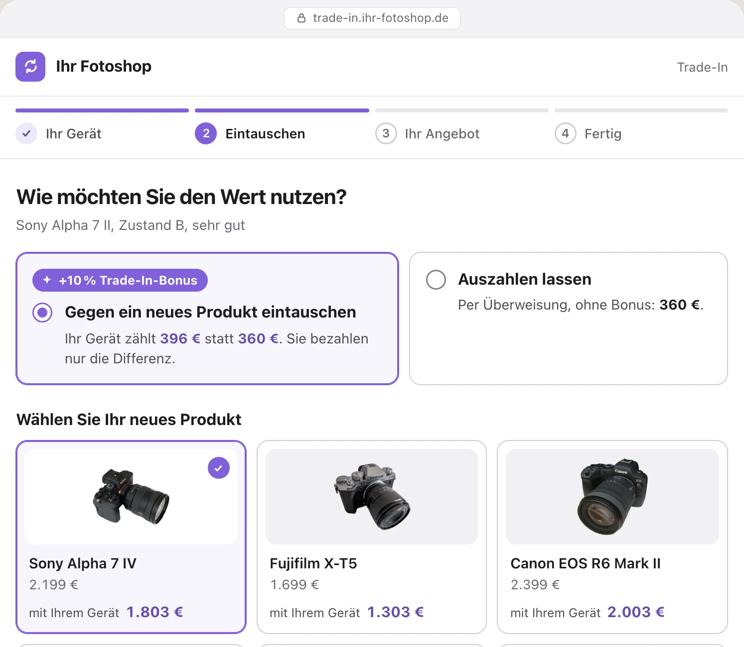 Webshop: Eintausch gegen ein neues Produkt mit Trade-In-Bonus