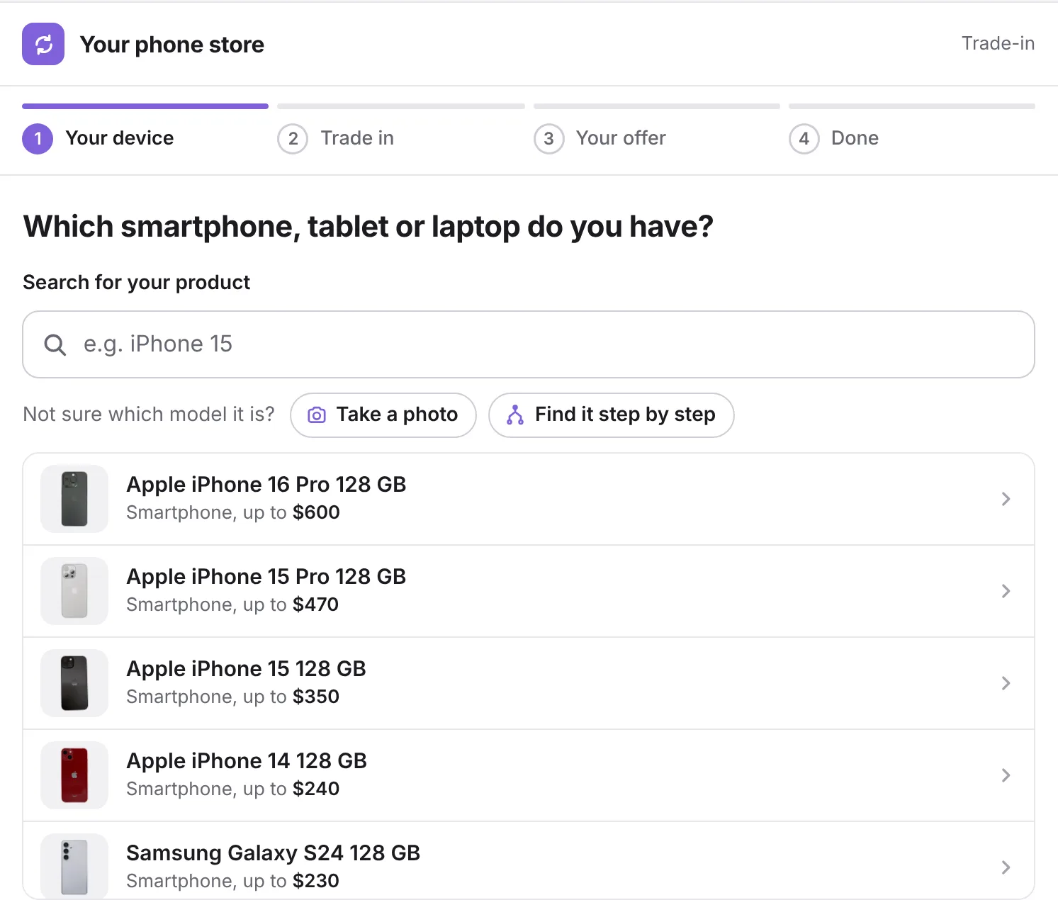 Webshop: the customer searches for their device