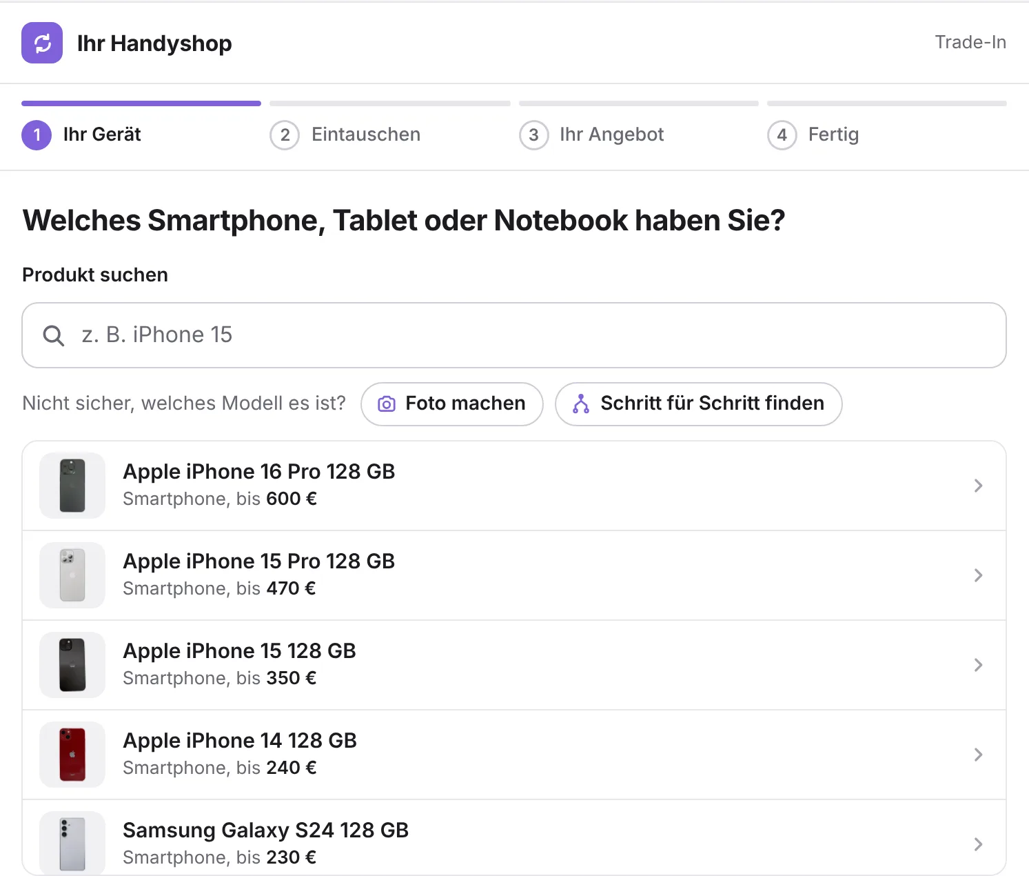Webshop: die Kundschaft sucht ihr Gerät
